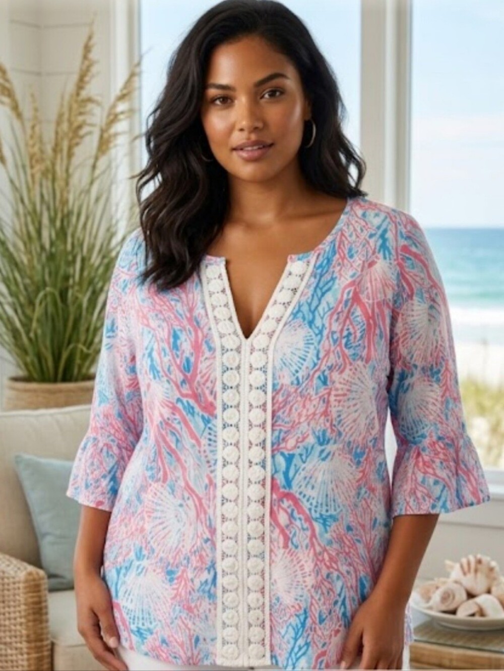 Casey Key Shell & Coral Print Top With Crochet Trim Sz 1X Resortwear Beachy
